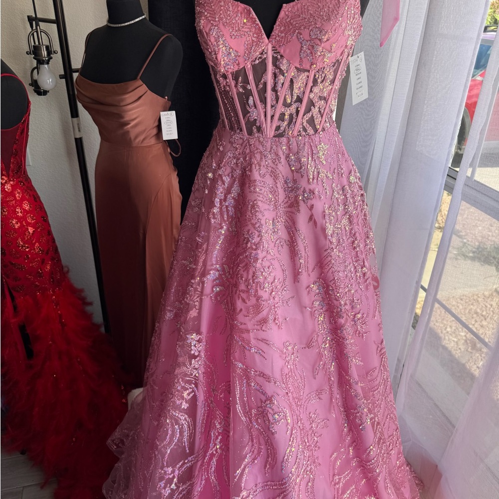 Pink Beaded Corset Dress with Bow Straps - Picture 5 of 7
